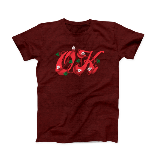 Heather Cardinal colored Oklahoma T-shirt. Design is a red, script-like "OK" wrapped up in string lights of green and white. 
