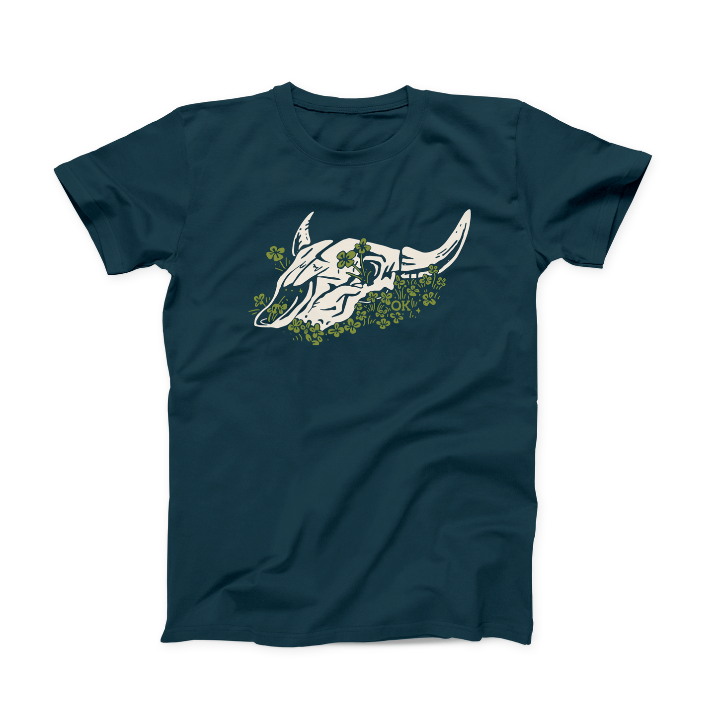 Deep Teal colored Oklahoma T-shirt. Screen printed across the chest is a white steer skull in a bed of green clover. Hidden in the clover is a small "OK" in the same green color.