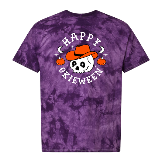 Happy Okieween Skull | Purple Tie Dye T-Shirt | Halloween '24