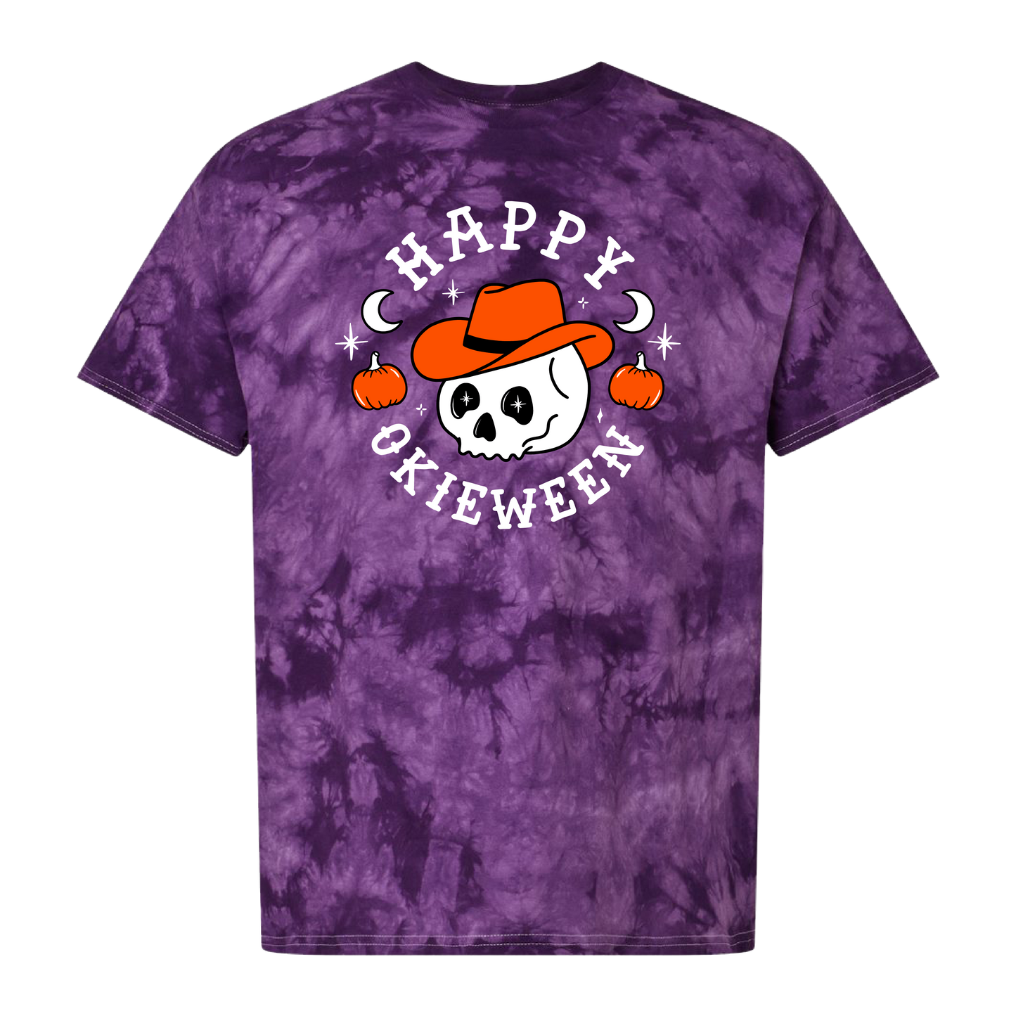 Happy Okieween Skull | Purple Tie Dye T-Shirt | Halloween '24